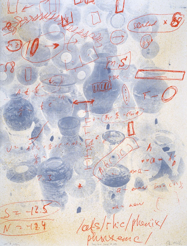 Neolithic 2001 #189. spray enamel, silk screen on paper. 53 x 38 inches, 127 x 97 cm. 