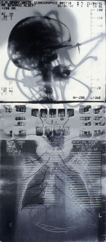 Albert Benamou, Aug. 2 1993. graphite, spray enamel, silk-screen on paper. 72.5 x 32 inches, 184 x 81.5 cm.