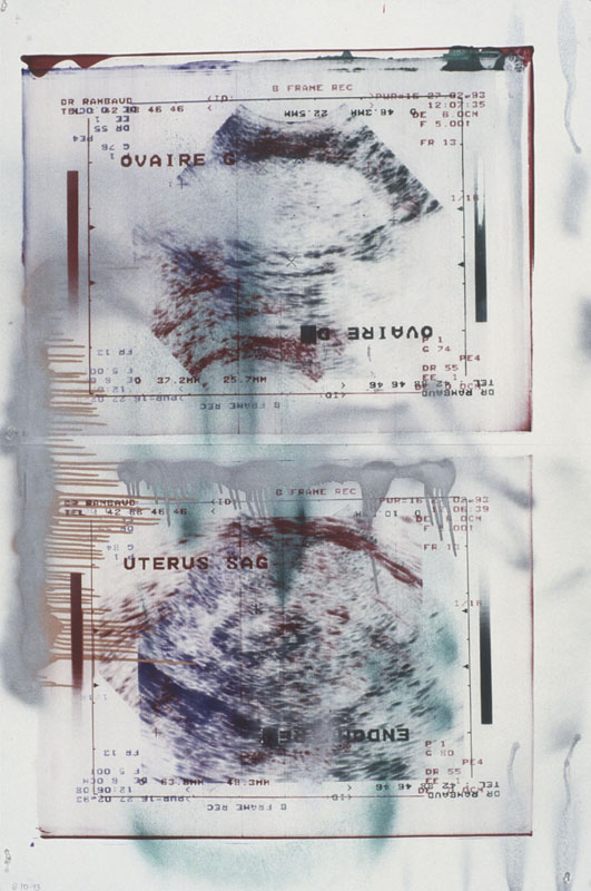 M. et Mme. Mauguin, Aug 10 1993. spray enamel, silk-screen on paper.  60 x 40 inches, 153 x 102 cm.