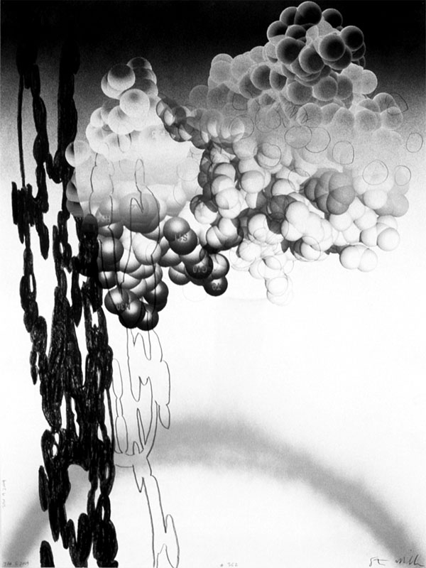 Protein #352, 2004. 40x30 inches, 102x76 cm. graphite, spray enamel, silk-screen on paper. collection Jeanne Siegel, New York.