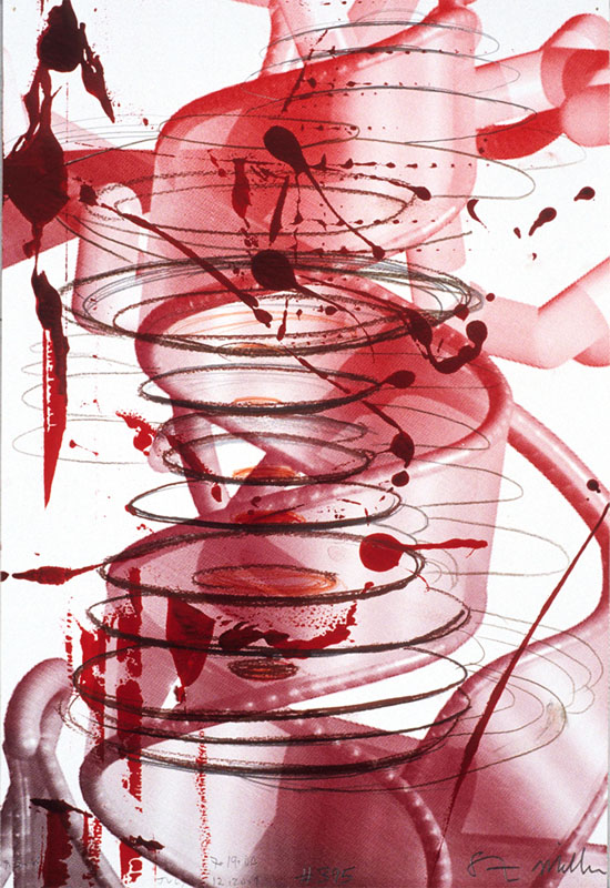 Protein #395, 2004. 19x13 inches, 48x33 cm. pencil, enamel, silk-screen on paper. collection The Rose art Museum, Brandeis University.