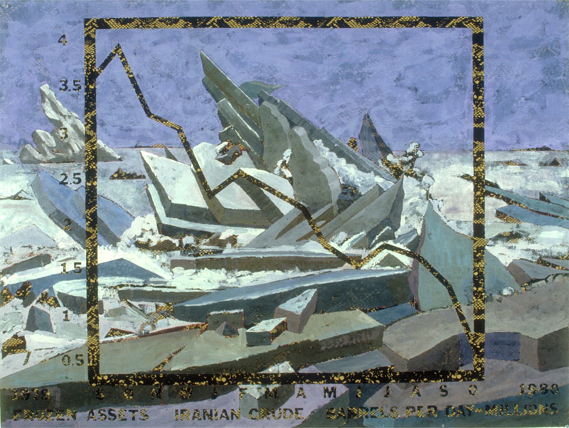 Frozen Assets, 1981. (Iranian oil exports during economic embargo). acrylic on snakeskin. 36 x 50 inches, 92 x 127cm. collection Garfield L Miller III, New York and Aegis Energy Advisors Corp. 