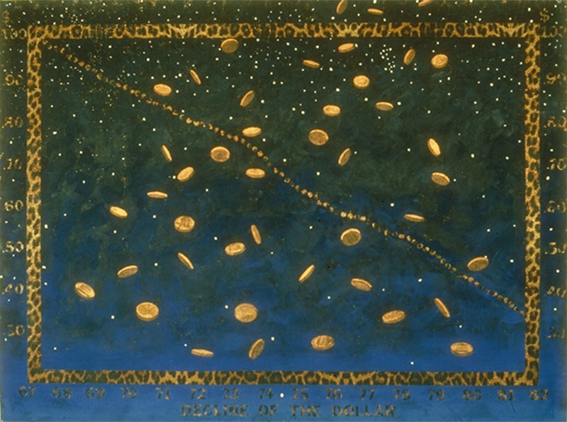 Trophy Room, 1983. Installation, Bronx Museum. Pennies from Heaven, 1982, acrylic on leopard skin fabric. 38 X 52 inches, 96 x 132 cm.