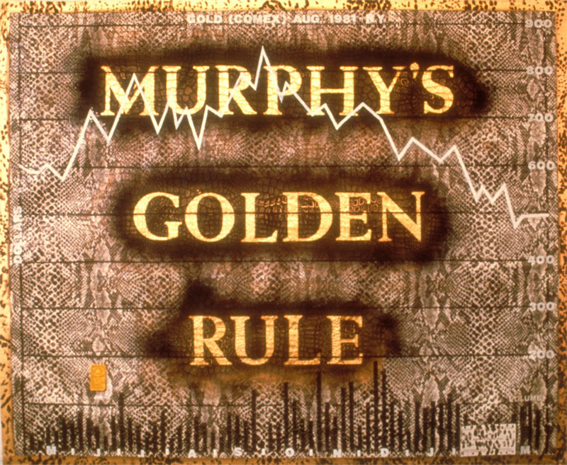 Murphy’s Golden Rule, 1981. spray enamel, vinyl snake skin and one ounce gold bar, 36 x 40 inches, 92 x 102 cm