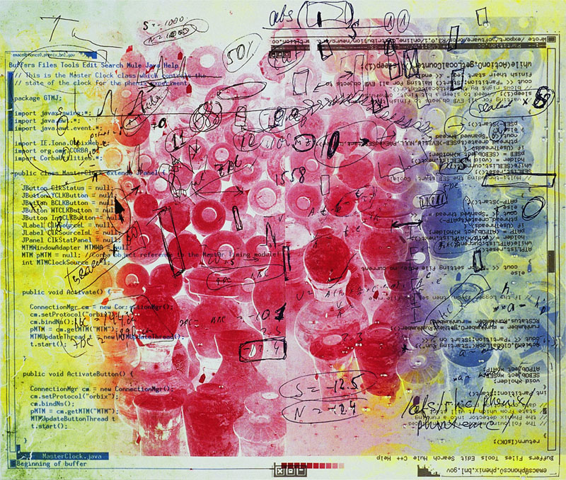 Pesky Quarks, 2001. pigment dispersion and. silk-screen on canvas. 66 x 80 inches, 173 x 203 cm.