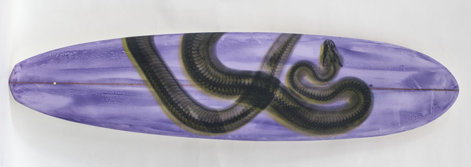 019, Green Snake on Purple, 2015. Long Board Diamond Tail, Single Fin, 94 1/2 x 23 1/2 inches