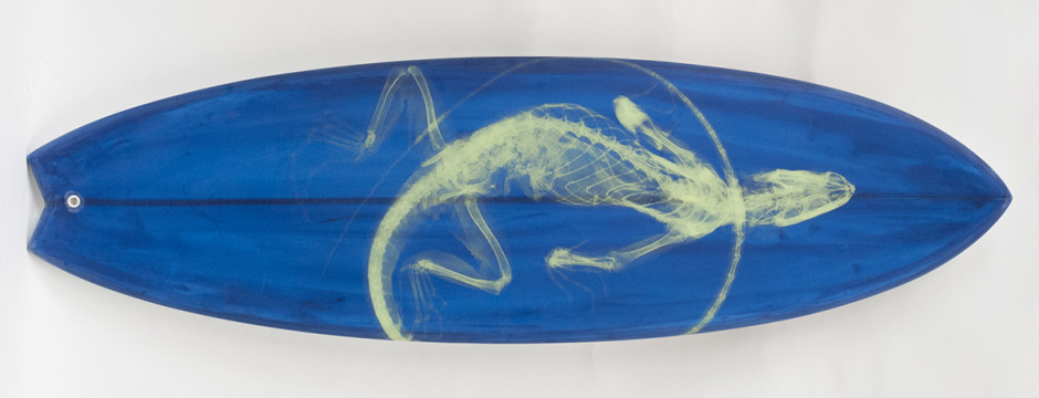 022, Large Dayglo Yellow Iguana on Blue, 2014. Swallow Tail Dual Fin, 74 x 22 inches