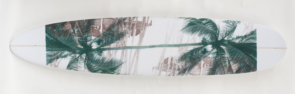 023, Double Palm On White, 2014. Long Board, Round Tail, Single Fin 104 1/2 x 22 1/2 inches