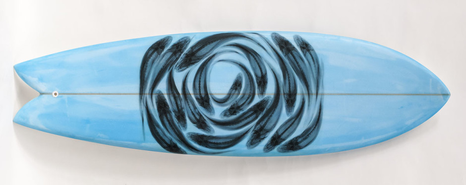 025, Blue Fish Circle On Blue, 2014. Short and Fat; Swallow Tail; Twin Fin 80 x 23 inches
