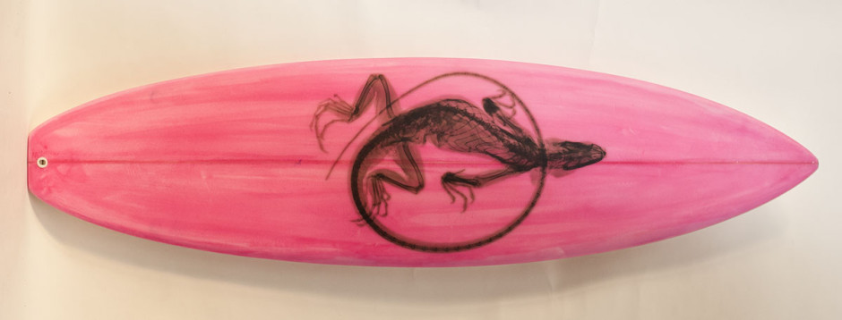 028, Brown Iguana On Dayglo Pink, 2014. Short Board, Flat Tail, Thruster, 76 x 20 1/2 inches