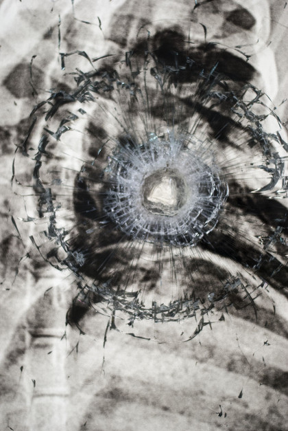 Shot Sloth Pieta (detail), 2014 inkjet jet spray on laminated glass in steel base, 82 x 36 x 1.125 inches