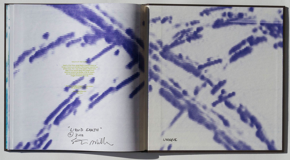 Liquid Earth, unique, 2012 inkjet and silkscreen on book, 17 3/8 x 16 3/8 inches (interior spread)