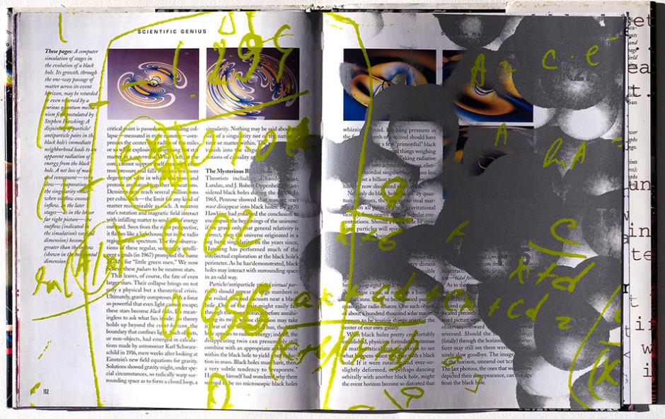 Steve Miller Scientific Genius #1, unique, 2013. silkscreen on book,  11 1/4 x 8 1/4 inches (interior spread)