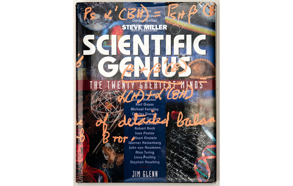 Steve Miller Scientific Genius #1, unique, 2013. silkscreen on book,  11 1/4 x 8 1/4 inches (front cover)