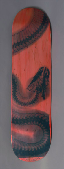 Skateboard: 005 Black Snake on Red, 2015, silkscreen on skateboard, 8 x 31 1/2 inches
