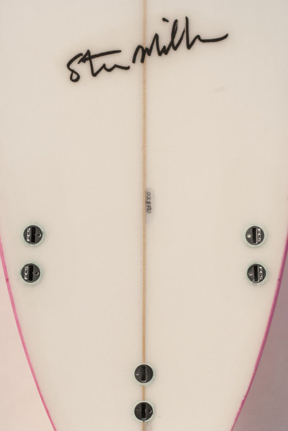 028 Brown Iguana, Dayglo Pink Board Short Board, Flat Tail, Thruster, Three Fins 76” x 20.5”
