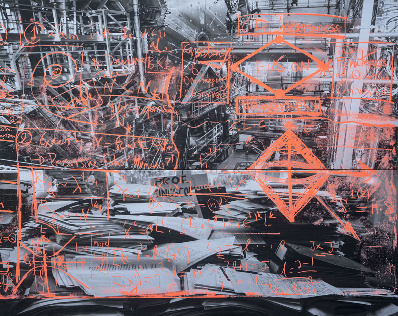 Overlapping Observers, 2023. 42.5x47 inches. Inkjet, silkscreen on canvas.